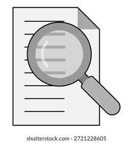 Ilustração vetorial de um documento com uma lupa, simbolizando os conceitos de pesquisa, análise, revisão, pesquisa e inspeção de dados.