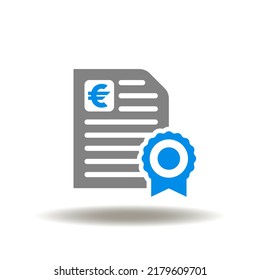 Vector illustration of document page with euro currency and seal. Icon of eurobonds. Symbol of euro bond obligation.