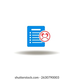 Vector illustration of document paper sheet and sad face. Symbol of complain. Icon of complaining.