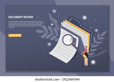 Vector illustration Document review with landing page concept. Digital document file evidence check analysis. Good For Wallpaper, Banner, Background, Book Illustration, And Web Landing Page.
