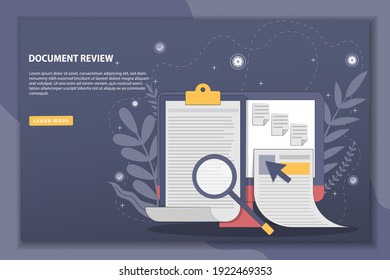 Ilustración vectorial Revisión del documento con el concepto de página de aterrizaje. Análisis de comprobación de evidencia de archivos de documentos digitales. Bien Por Papel De Fondo, Cartel, Fondo, Ilustración De Libros Y Página De Aterrizaje Web.