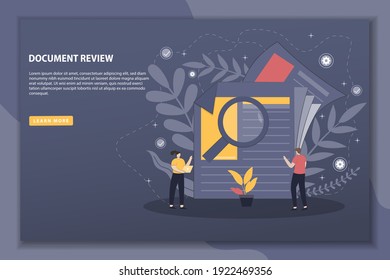 Vector illustration Document review with landing page concept. Digital document file evidence check analysis. Good For Wallpaper, Banner, Background, Book Illustration, And Web Landing Page.