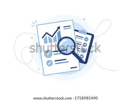 Vector illustration of a document with a sales schedule. Statistics, rise. Report sheet. A tablet with the work done. Page, to do list. Profit analysis. Magnifier. Check mark. Blue. Eps 10