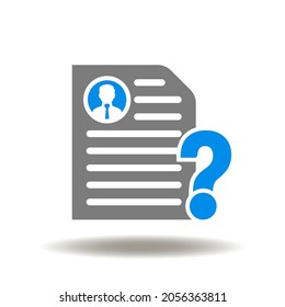 Vector illustration of document sheet with man and question mark. Symbol of Resume CV Form Recruit. Icon of KYC Know Your Customer.