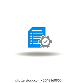 Vector illustration of document sheet paper list and gear wheel with check mark. Symbol of incident report.