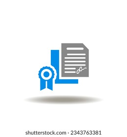 Vector illustration of document sheets with sign and approved stamp. Icon of deal, contract, agreement. Symbol of memorandum of understanding.