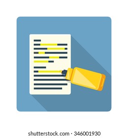 A vector illustration of a document with text being hi lighted.
Flat icon of highlight fluorescent marker.
Yellow maker lining text document.