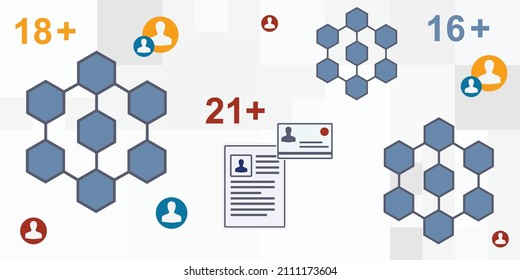 Vector Illustration Of Documents And Age Validation With Blockchain Polygon Links Symbols