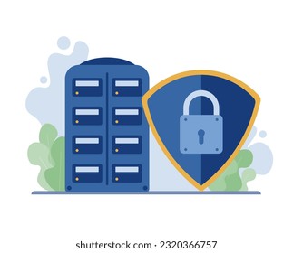 Vector illustration, documents cabinet with data protection shield. This symbolizes the protection and security of data on the documents cabinet.