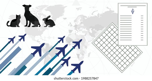vector illustration of documents and veterinary passport for traveling by plane for pets and animals