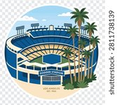 Vector illustration of Dodger Stadium in Los Angeles, established in 1962, with palm trees and a blue sky.