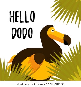 Vector illustration of the Dodo bird. Cute character in simple flat style. Hello Dodo text