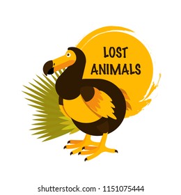 Vector illustration of the Dodo bird. Cute character in simple flat style. Lost animals text