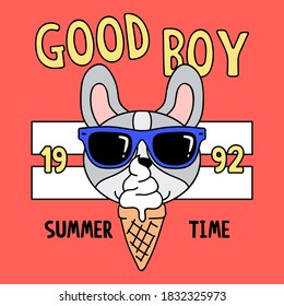 VECTOR ILLUSTRATION OF A DOF WITH GLASSES AND ICE CREAM CONE, SLOGAN PRINT
