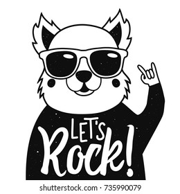 Vector illustration with dog animal in sunglasses and lettering quote - Let's Rock! Grunge trendy black and white print design, typography poster with text