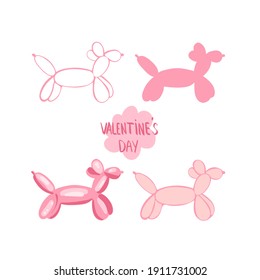 Vector illustration of a dog balloon, twisted dog from a balloon of pink color, the inscription valentine's day hand-drawn