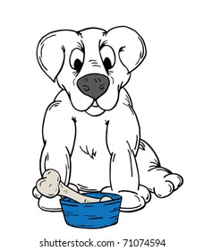 Vector illustration of a dog with a bone in a bowl