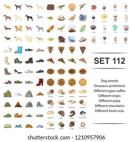 Vector illustration of dog, breed, dinosaur, prehistoric, different type coffee shoes pizza mountains nut icon set.