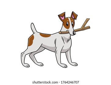 Vector illustration of a dog of breed Jack Russell with a stick in his mouth. Cartoon style.