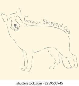 Vector illustration of a dog breeds German Shepherd in total growth with an inscription. Gray stylized sloppy graphic hand drawn drawing, isolated object, sketch on a beige background.