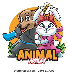 Vector Illustration of Dog and Bunny Ninja with Cute Illustration Available for Tshirt Design