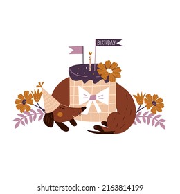 Vector illustration with dog and cake. Festive print with vintage style dachshund. Vector hand drawn illustration