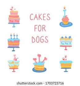 vector illustration of dog cakes. Cupcakes for the party Your dog’s birthday. Snacks for animals,  candles-bone, ham ornaments. 
bakery products for a furry friend