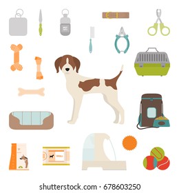 Vector illustration of dog care accessories set. Different tools collection of pet shop for dog. Pet hygiene, grooming accessory in flat style. Isolated on white background.