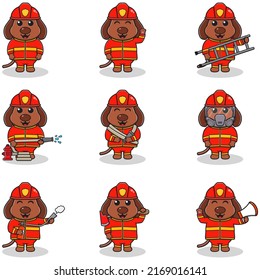 Vector Illustration of Dog cartoon with Firefighter costume. Set of cute Dog characters. Collection of funny Dog isolated on a white background.
