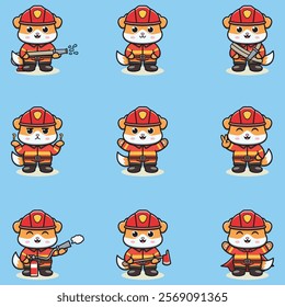 Vector Illustration of Dog cartoon with Firefighter costume. Set of cute Dog characters.