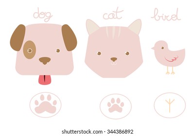 Vector illustration with a dog, cat, and bird with footprint.