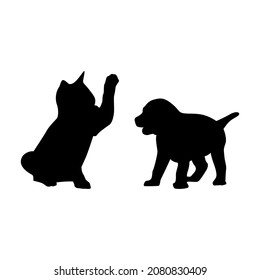 Vector illustration of dog and cat interacting, black silhouette, vector icon.