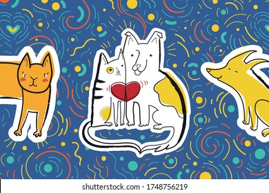 Vector illustration with dog and cat in love surrounded by confetti. Greeting card with cute emotional characters.