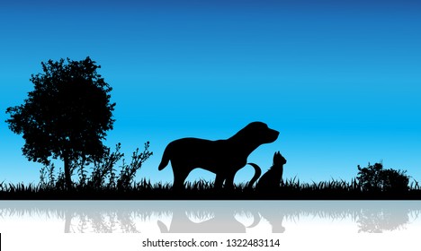 Vector illustration of dog and cat in nature on white background.