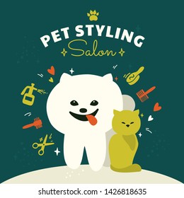 Vector illustration of dog and cat in Pet styling Salon. Design with different tools for washing, cleaning, grooming, care services. Cute poster with Spitz and pet supplies. Template for banner.