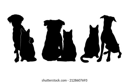  Vektorgrafik von Hund und Katze, die zusammen Silhouette sitzen