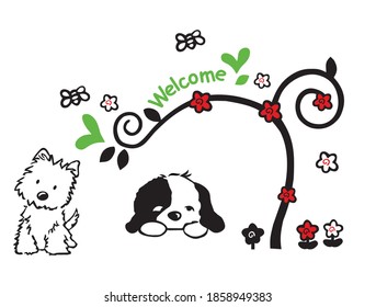 Vector illustration of Dog and Cat under a plant with welcome text