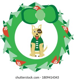 Vector illustration of a dog in the center of a Christmas wreath. The dog has a spot on his eye and he's wearing a green shirt.
