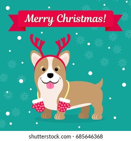 Vector illustration. Dog in deer horns with mittens against the background of snowflakes. Perfect for decorating a greeting card, packing, wrapping paper, invitation.