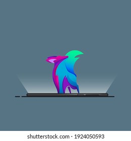 vector illustration of dog depicted on mobile phone screen. Isolated on dark background