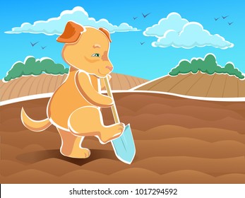 Vector illustration Dog - dig up seedbeds - bilding a path