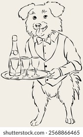 Vector illustration of a dog dressed as a waiter carrying a platter with a bottle and glasses. Drawing of a dog serving drinks.