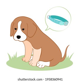 El perro de ilustración vectorial se siente bien después del collar contra las garrapatas. Protección de los cachorros.