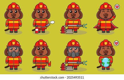 Vector Illustration Of Dog Firefighters Set. Fire Fighter Profession With Flat Design Style. Good For Icon, Label, Sticker, Clipart.