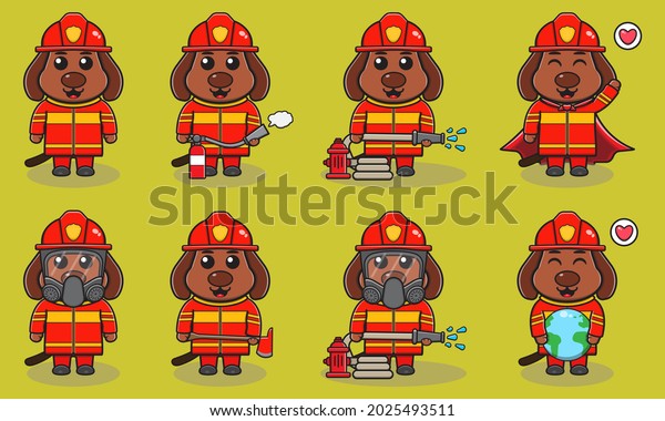 Vector illustration of Dog firefighters set.\
Fire fighter profession with flat design style. Good for icon,\
label, sticker,\
clipart.