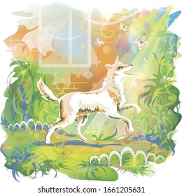 Vector illustration of a dog in the garden