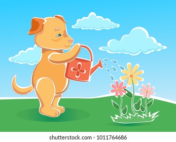 Vector illustration Dog - gardener watering flowers