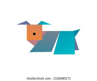 ilustración vectorial: perro con formas geométricas de color azul, púrpura y naranja sobre fondo blanco