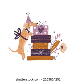 Vector illustration with dog and gift boxes. Festive print with vintage style dachshund. Vector hand drawn illustration