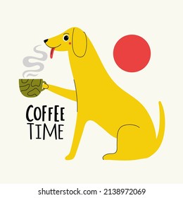 Ilustración vectorial con perro y taza verde. Coffee Time lettering frases. Afiche de tipografía de moda con animal, menú de café o decoración de pared impreso